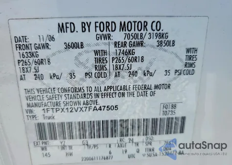 2007 Ford F150 from USA, damaged, VIN 1FTPX12VX7FA47505